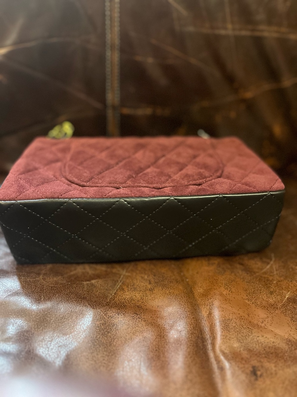 ChaneI Burgundy Black Trim Quilted MicroSuede Classic Flap Bag - Picture 9 of 11
